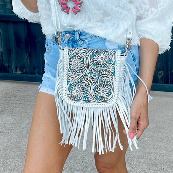 NWT White/Turquoise Genuine Leather Fringe Shoulder Cross body Bag